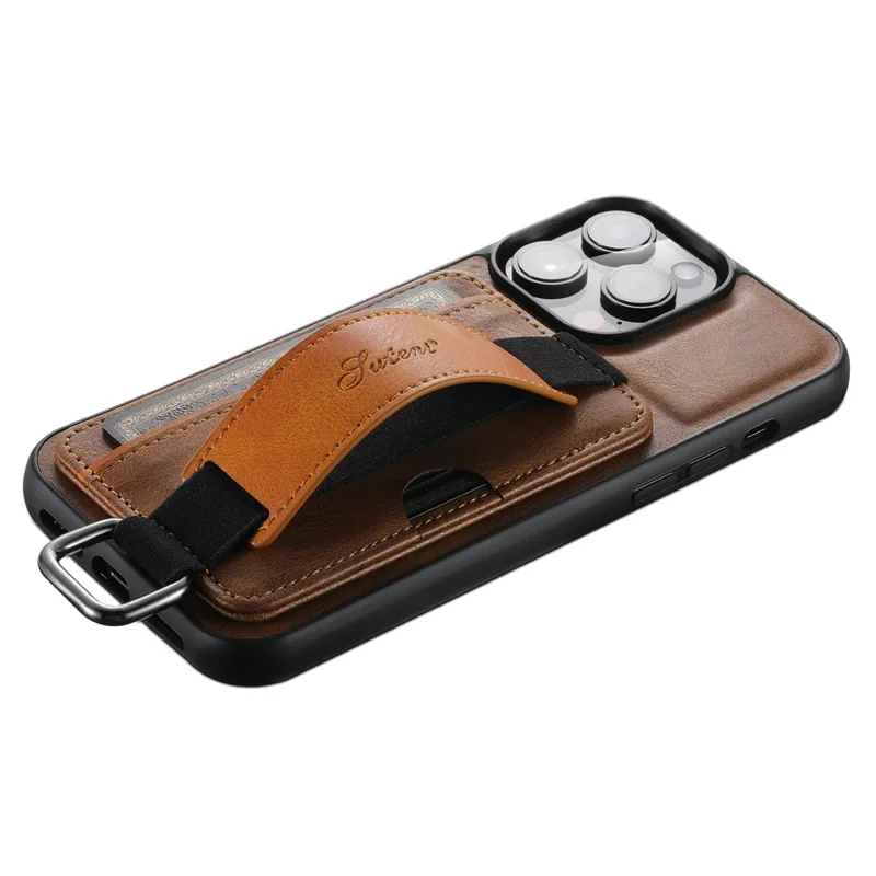 SUTENI H13 Phone Kickstand Case with Hand Strap for iPhone 14 Pro Max Card Holder Leather Coated PC + TPU Cover - Brown