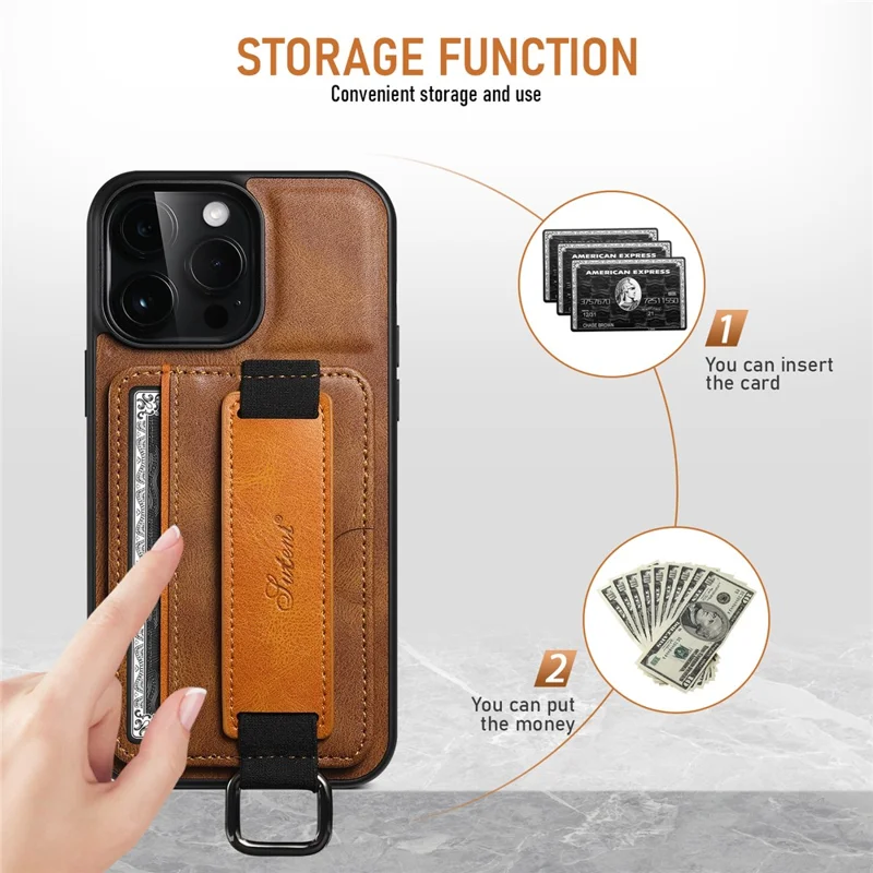 SUTENI H13 Phone Kickstand Case with Hand Strap for iPhone 14 Pro Max Card Holder Leather Coated PC + TPU Cover - Brown