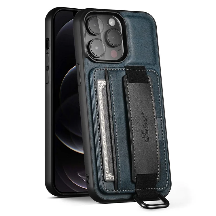 SUTENI H13 Card Holder Phone Case per iPhone 12 Pro Custodia in pelle rivestita in PC + TPU con supporto e cinturino - Blu