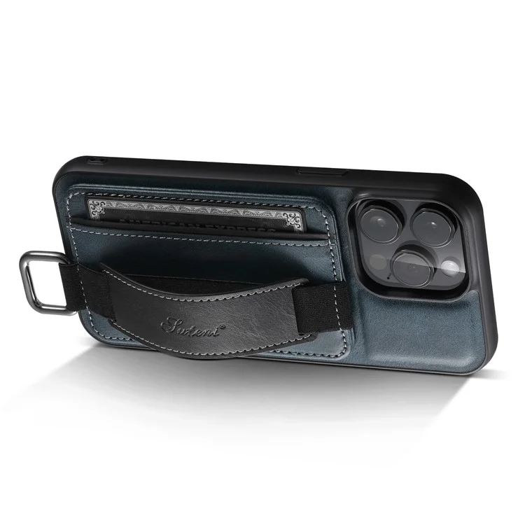 SUTENI H13 Card Holder Phone Case per iPhone 12 Pro Custodia in pelle rivestita in PC + TPU con supporto e cinturino - Blu