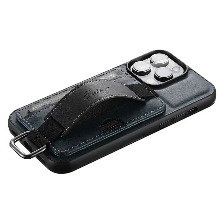 SUTENI H13 Card Holder Phone Case per iPhone 12 Pro Custodia in pelle rivestita in PC + TPU con supporto e cinturino - Blu