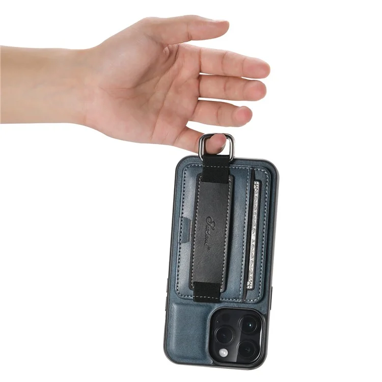 SUTENI H13 Card Holder Phone Case per iPhone 12 Pro Custodia in pelle rivestita in PC + TPU con supporto e cinturino - Blu