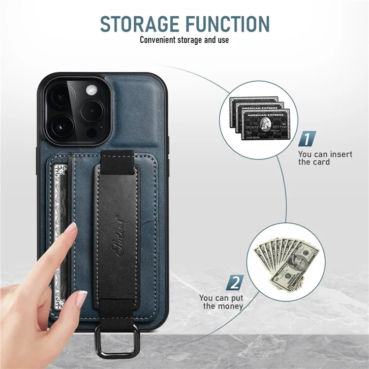 SUTENI H13 Card Holder Phone Case per iPhone 12 Pro Custodia in pelle rivestita in PC + TPU con supporto e cinturino - Blu