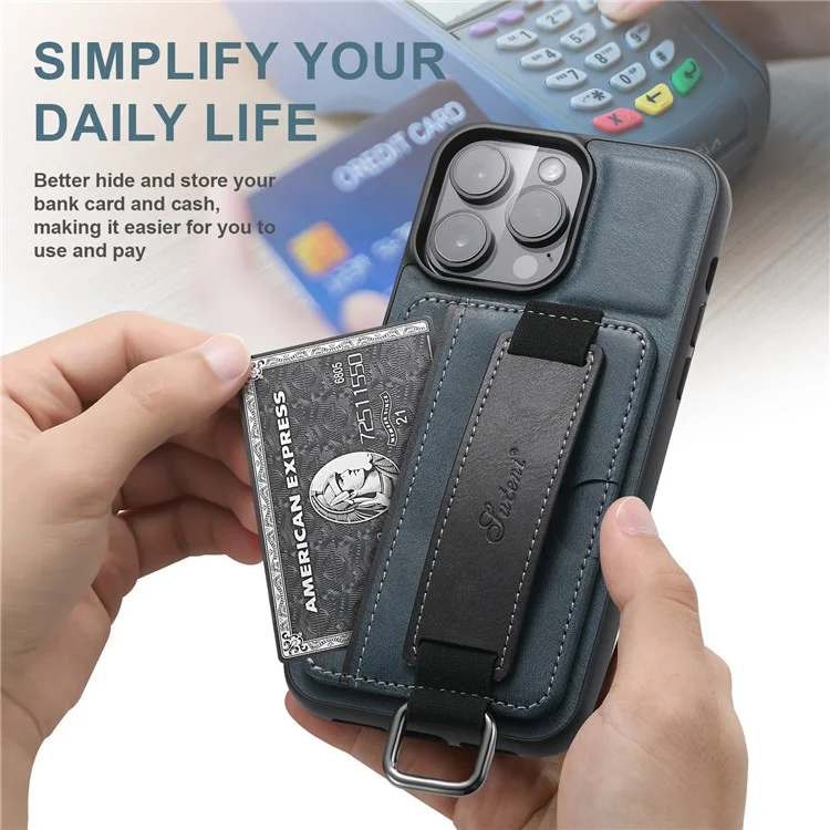 SUTENI H13 Card Holder Phone Case per iPhone 12 Pro Custodia in pelle rivestita in PC + TPU con supporto e cinturino - Blu