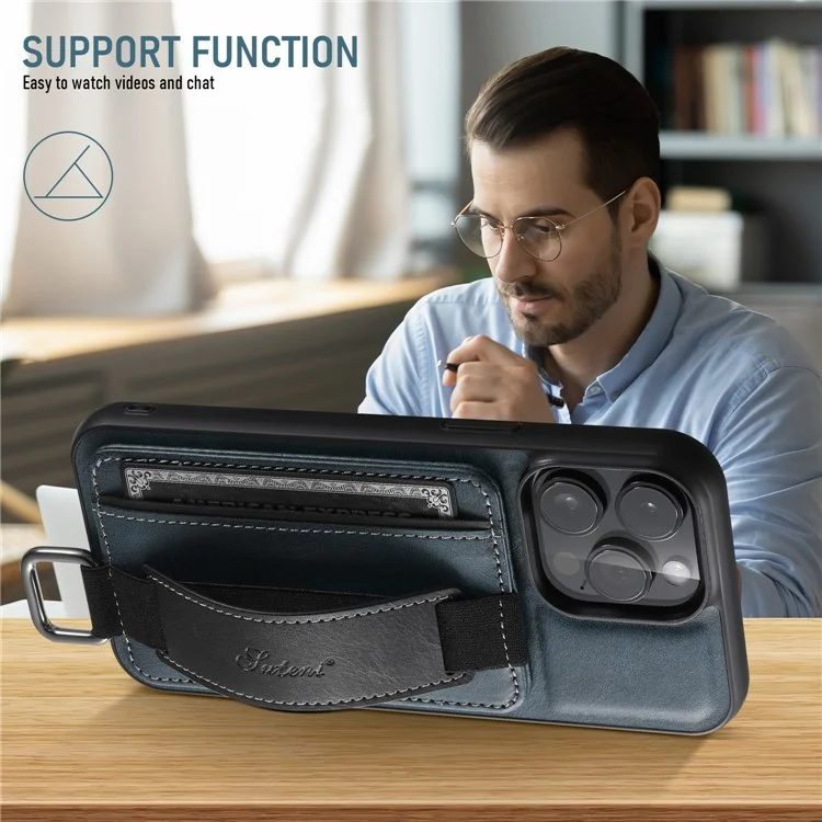 SUTENI H13 Phone Kickstand Case for iPhone 12 Pro Max Card Holder Leather Coated PC + TPU Hand Strap Phone Cover - Blue