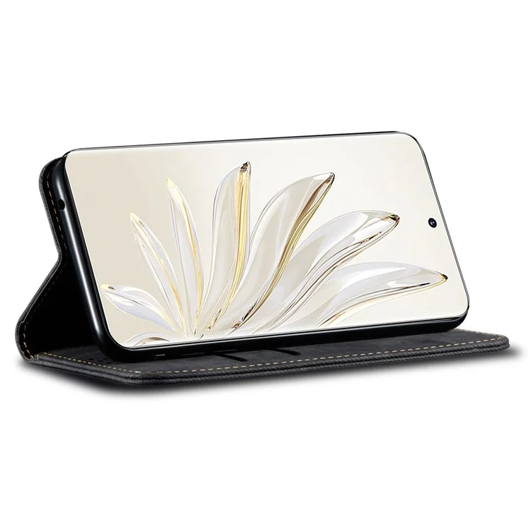 For Honor X40 5G Shockproof Leather Jeans Cloth Texture Phone Cover with Stand Wallet - Black