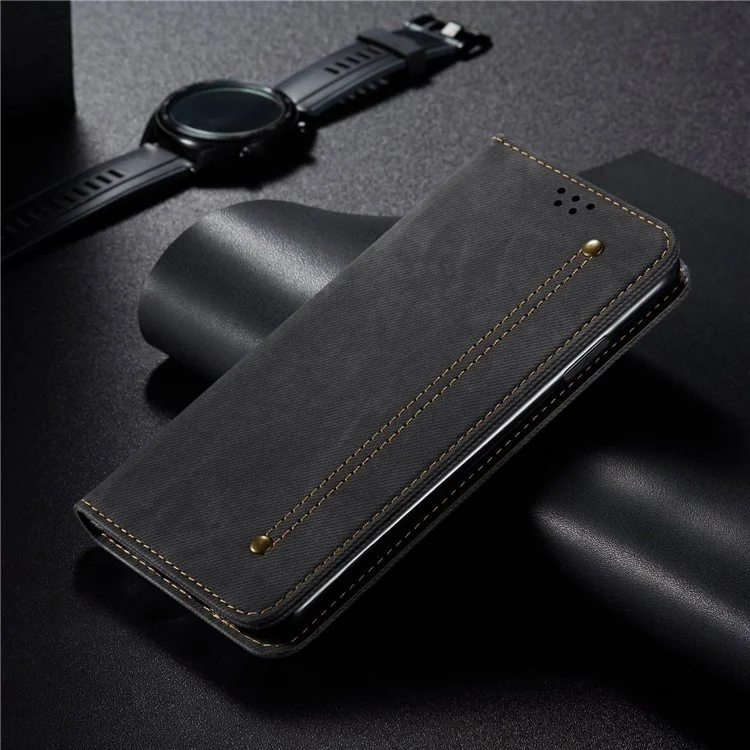 For Honor X40 5G Shockproof Leather Jeans Cloth Texture Phone Cover with Stand Wallet - Black