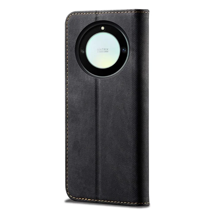 For Honor X40 5G Shockproof Leather Jeans Cloth Texture Phone Cover with Stand Wallet - Black