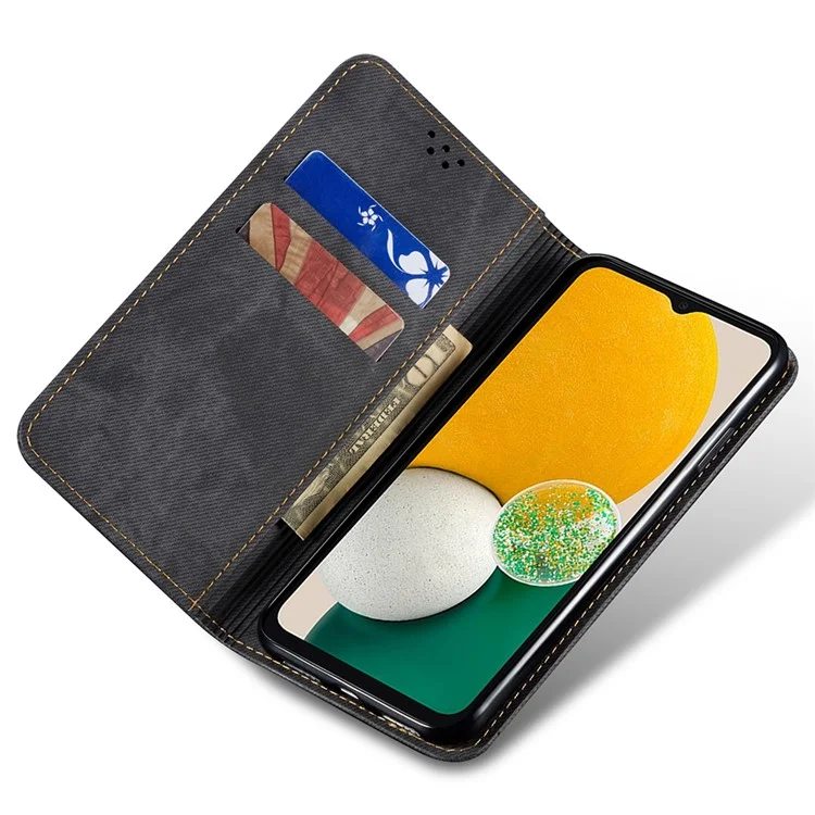 Drop-proof Phone Case For Samsung Galaxy A24 4G (162.1 x 77.6 x 8.3mm) Jeans Cloth Texture Flip Leather Cover with Stand Wallet - Black