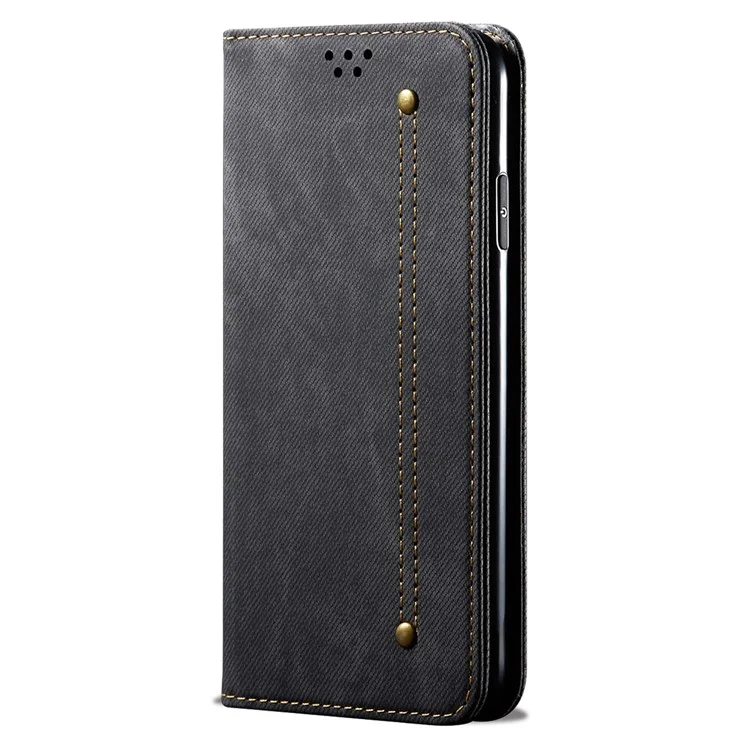 Drop-proof Phone Case For Samsung Galaxy A24 4G (162.1 x 77.6 x 8.3mm) Jeans Cloth Texture Flip Leather Cover with Stand Wallet - Black