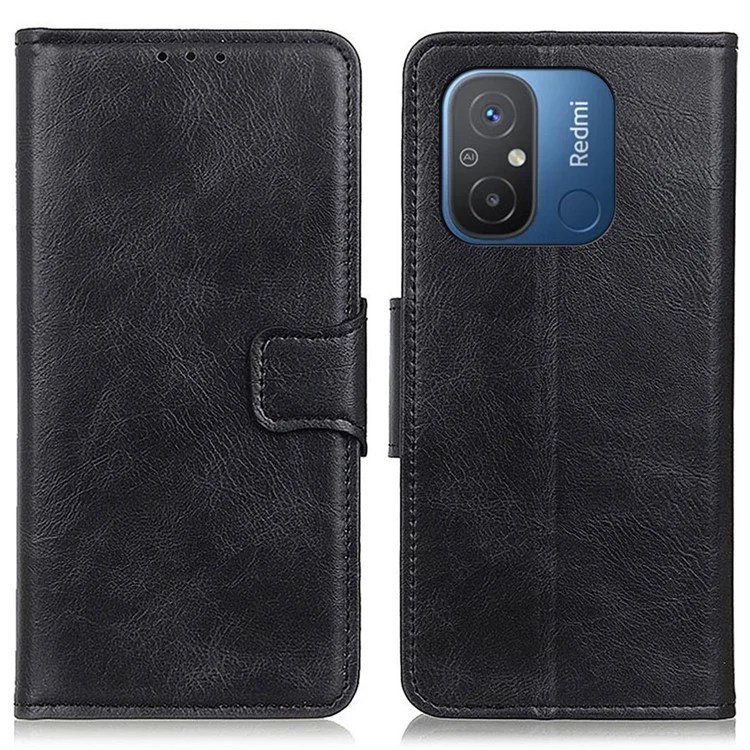 Handyhülle für Xiaomi Poco C55 4G / Redmi 11A 4G / 12C 4G Crazy Horse Textur PU-Leder Standfunktion Brieftasche Hülle - Schwarz