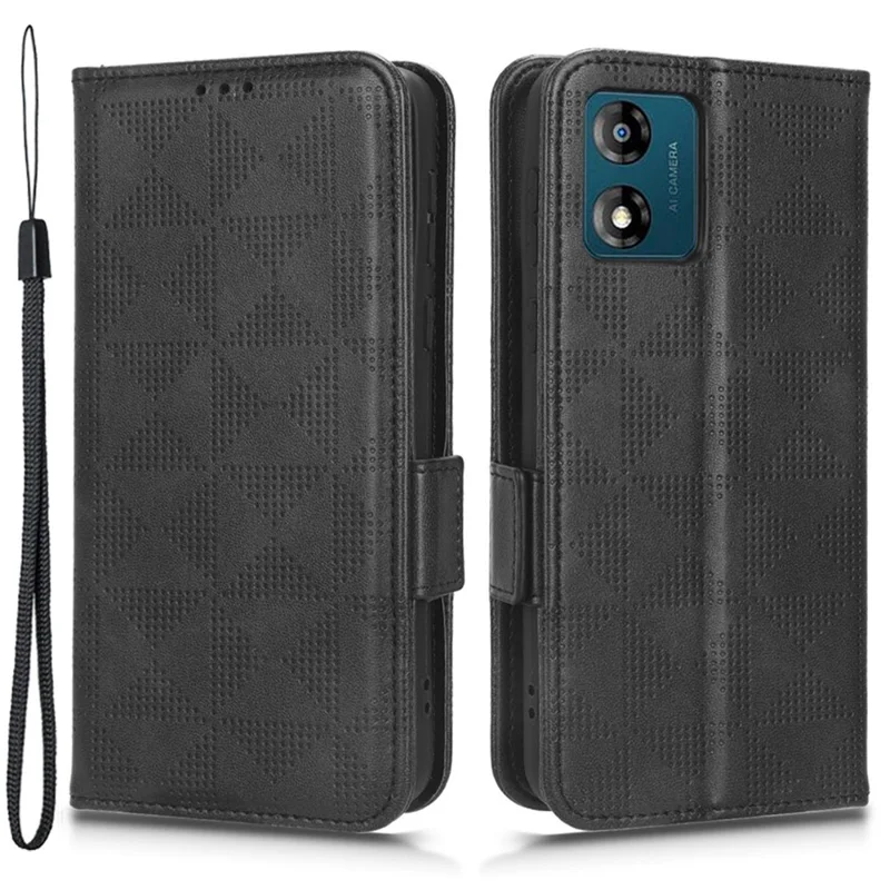 For Motorola Moto E13 4G Wallet Stand Cover Imprinted Triangle Pattern Phone Case - Black