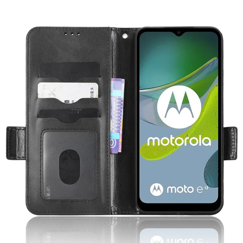 For Motorola Moto E13 4G Wallet Stand Cover Imprinted Triangle Pattern Phone Case - Black