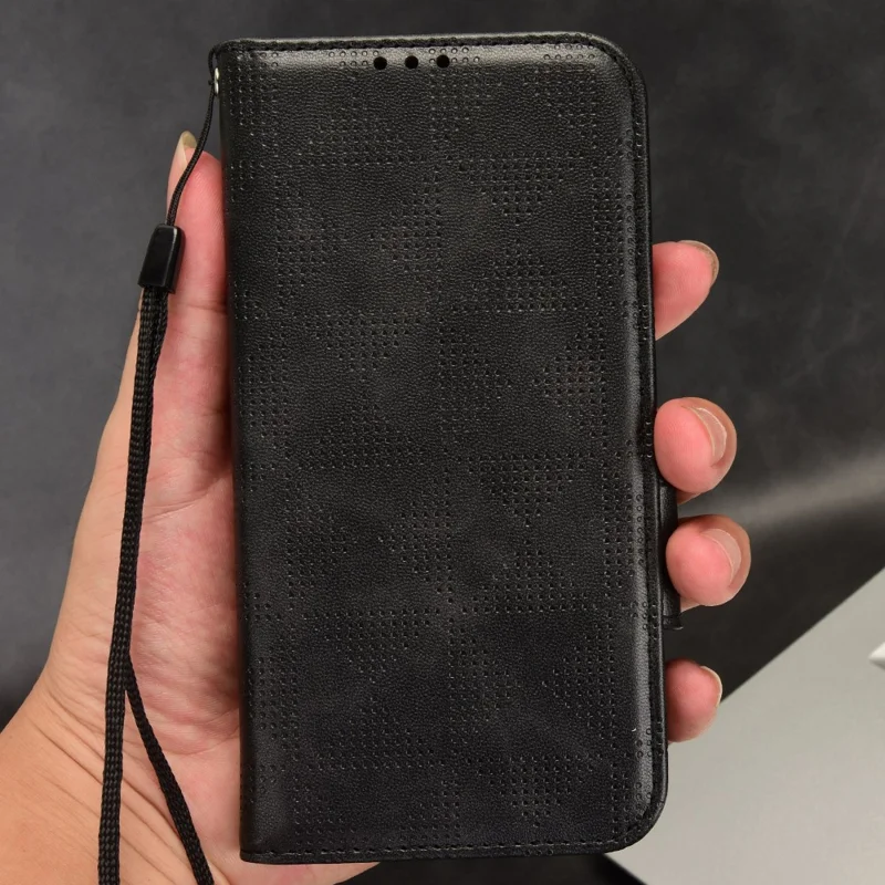 For Motorola Moto E13 4G Wallet Stand Cover Imprinted Triangle Pattern Phone Case - Black
