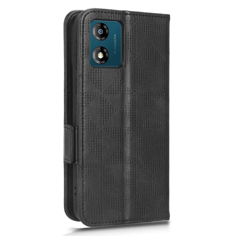 For Motorola Moto E13 4G Wallet Stand Cover Imprinted Triangle Pattern Phone Case - Black