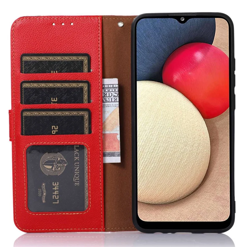 KHAZNEH For Xiaomi Poco C55 4G / Redmi 11A 4G / 12C 4G RFID Blocking Stand Wallet Case PU Leather Litchi Texture Cover - Red