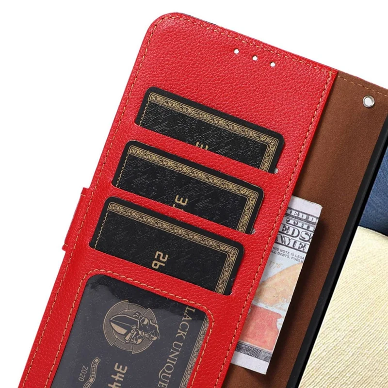 KHAZNEH For Xiaomi Poco C55 4G / Redmi 11A 4G / 12C 4G RFID Blocking Stand Wallet Case PU Leather Litchi Texture Cover - Red