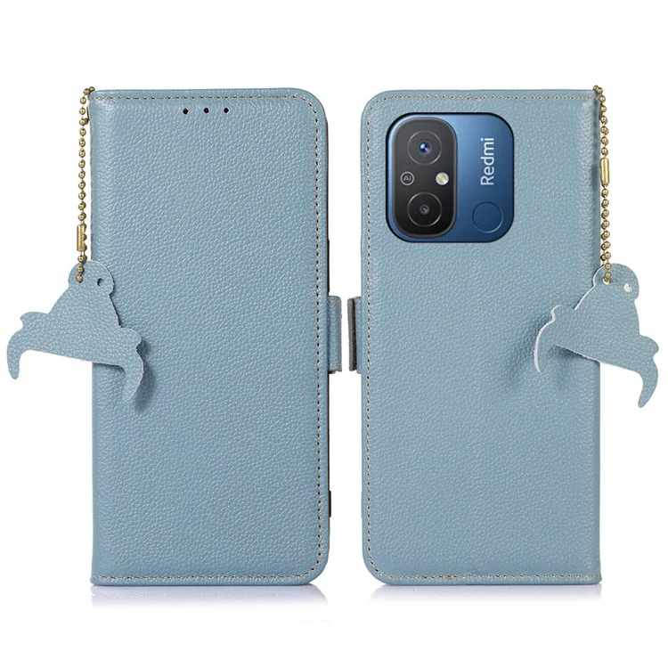Para Xiaomi Poco C55 4G / Redmi 11A 4G / Redmi 12C 4G Funda de teléfono de cuero genuino con bloqueo RFID Cartera Soporte de teléfono - Azul