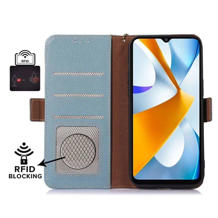 Para Xiaomi Poco C55 4G / Redmi 11A 4G / Redmi 12C 4G Funda de teléfono de cuero genuino con bloqueo RFID Cartera Soporte de teléfono - Azul