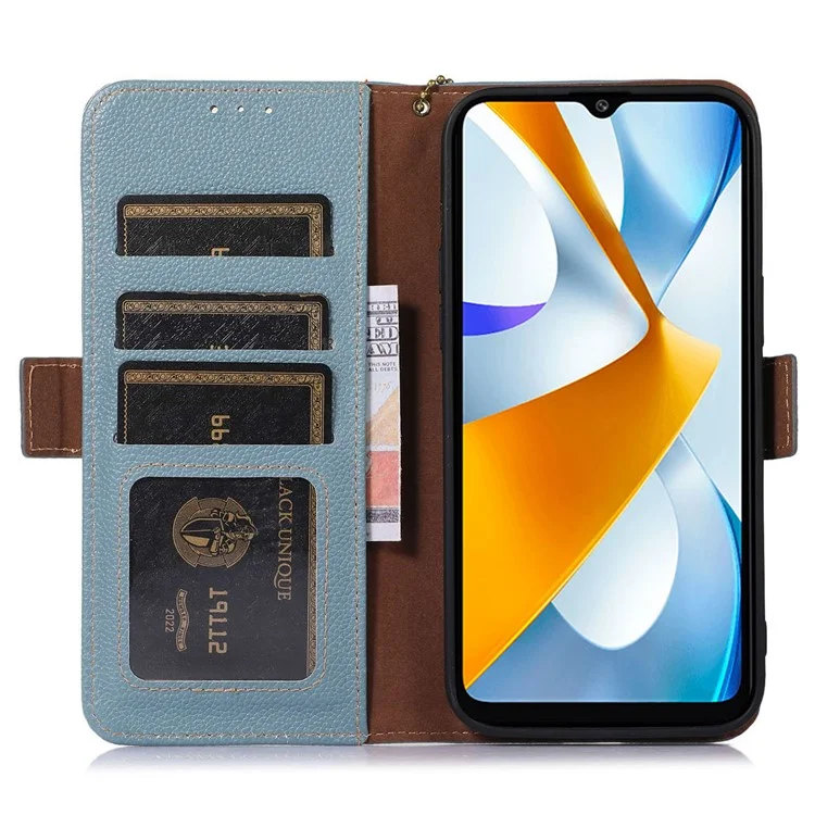 Para Xiaomi Poco C55 4G / Redmi 11A 4G / Redmi 12C 4G Funda de teléfono de cuero genuino con bloqueo RFID Cartera Soporte de teléfono - Azul