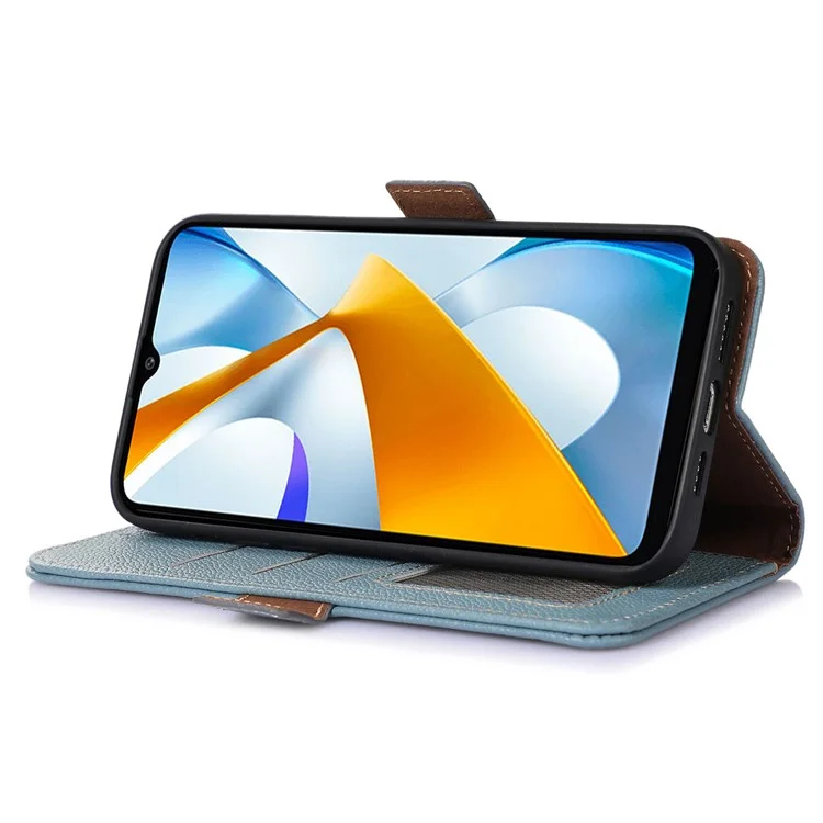 Para Xiaomi Poco C55 4G / Redmi 11A 4G / Redmi 12C 4G Funda de teléfono de cuero genuino con bloqueo RFID Cartera Soporte de teléfono - Azul