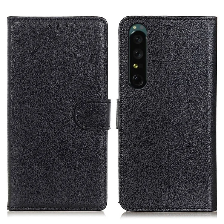 Pour Sony Xperia 1 V Litchi Texture Phone Wallet Case PU Leather Stand Phone Cover - Noir