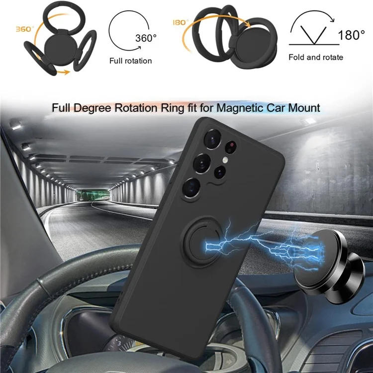 Cell Phone Case for Samsung Galaxy S23 Ultra Ring Kickstand Liquid Silicone Protective Phone Cover with Lanyard - Black