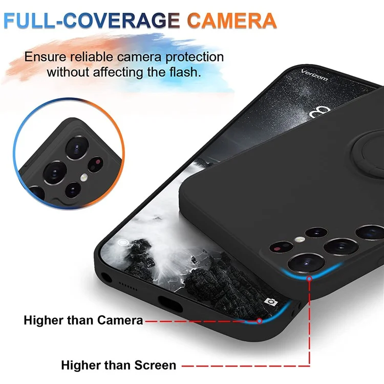 Cell Phone Case for Samsung Galaxy S23 Ultra Ring Kickstand Liquid Silicone Protective Phone Cover with Lanyard - Black
