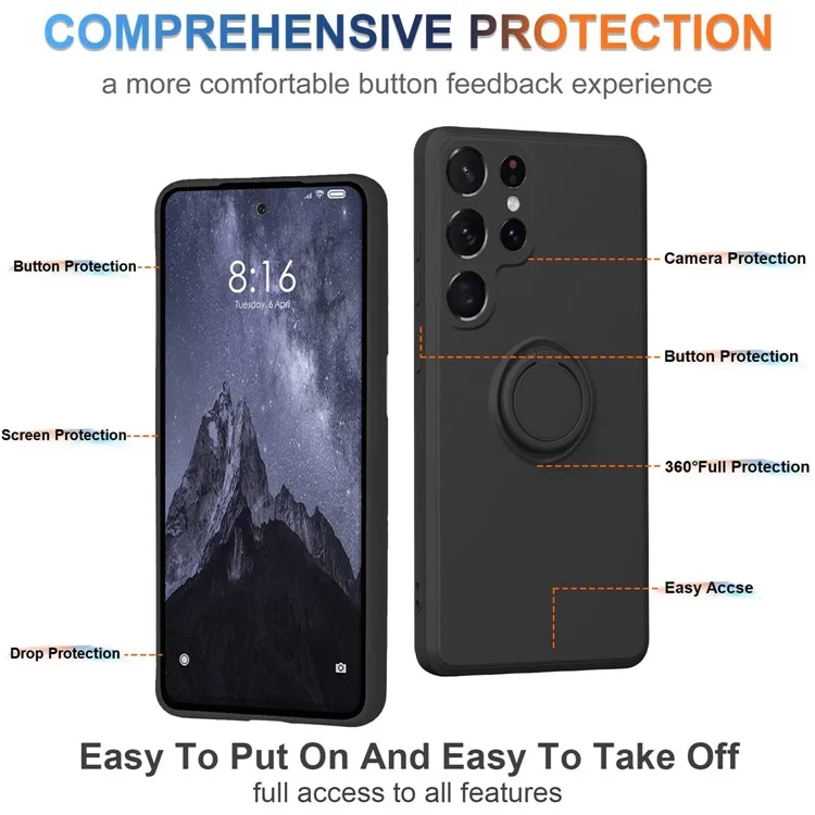 Cell Phone Case for Samsung Galaxy S23 Ultra Ring Kickstand Liquid Silicone Protective Phone Cover with Lanyard - Black