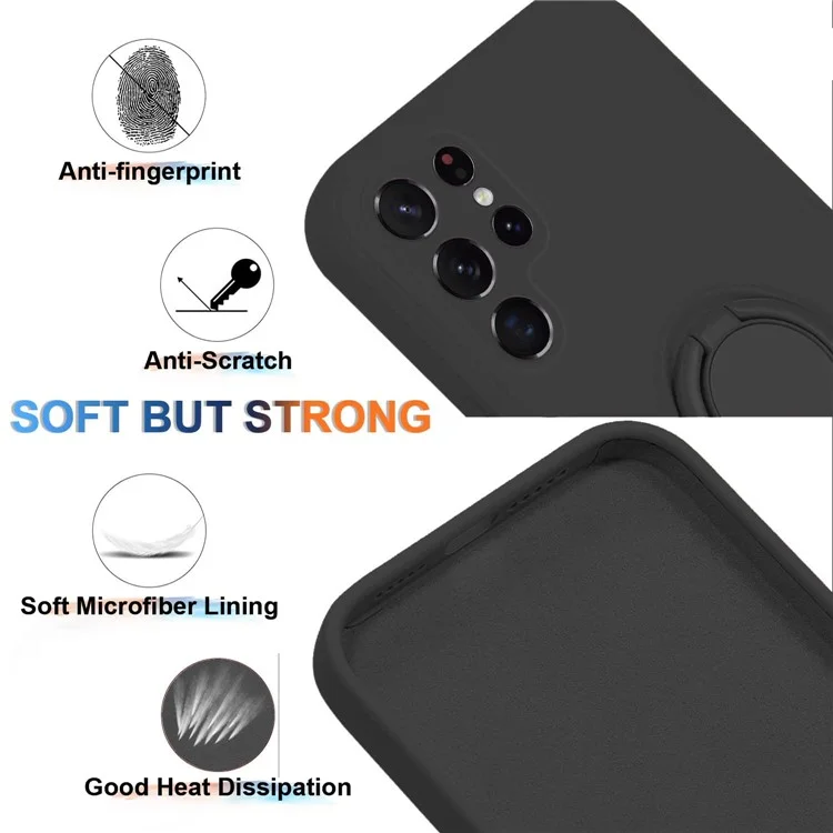 Cell Phone Case for Samsung Galaxy S23 Ultra Ring Kickstand Liquid Silicone Protective Phone Cover with Lanyard - Black