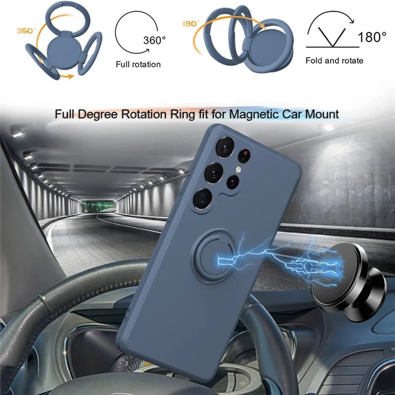 Cell Phone Case for Samsung Galaxy S23 Ultra Ring Kickstand Liquid Silicone Protective Phone Cover with Lanyard - Blue