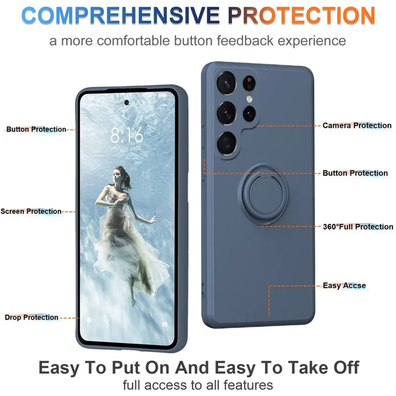 Cell Phone Case for Samsung Galaxy S23 Ultra Ring Kickstand Liquid Silicone Protective Phone Cover with Lanyard - Blue