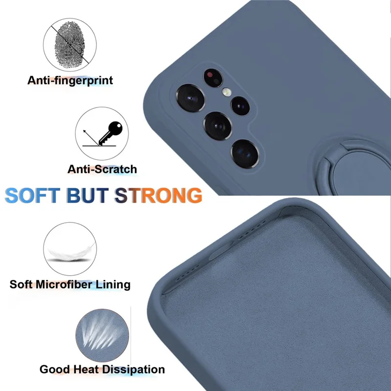 Cell Phone Case for Samsung Galaxy S23 Ultra Ring Kickstand Liquid Silicone Protective Phone Cover with Lanyard - Blue