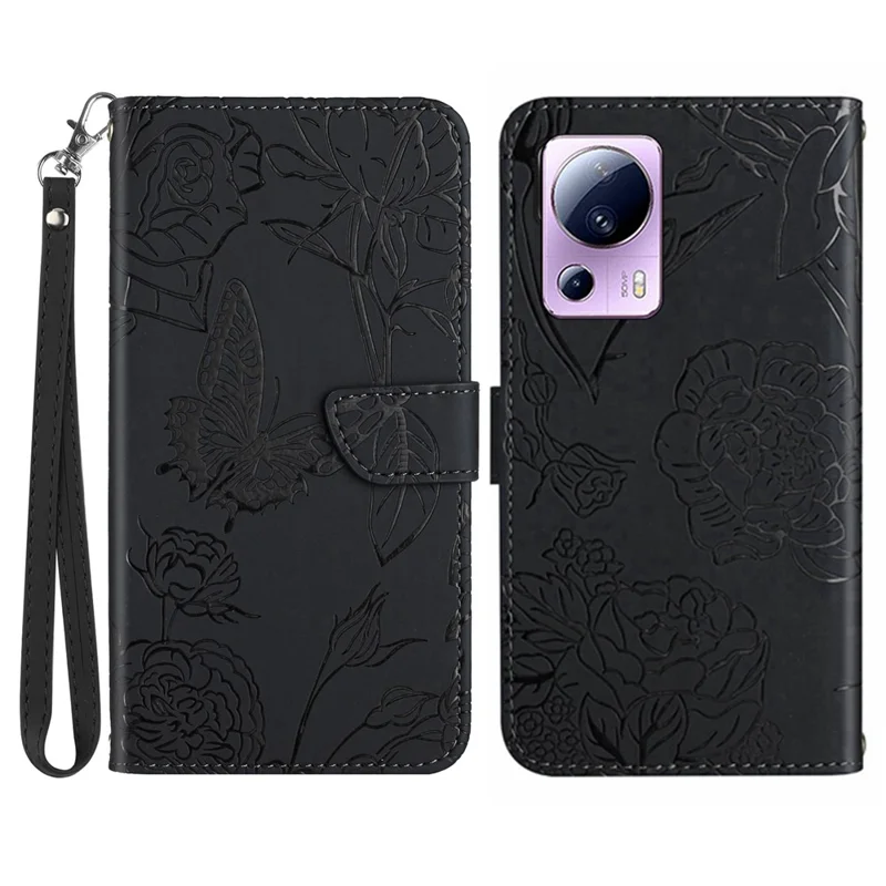 HT03 For Xiaomi 13 Lite / Civi 2 5G Imprinted Butterfly Flowers Skin-friendly Shockproof Phone Cover Stand with Hand Strap - Black