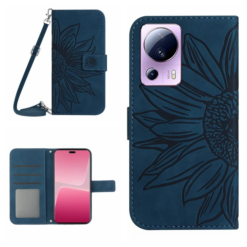 Para Xiaomi 13 Lite / Civi 2 5G HT04 Capa Carteira de Couro Flip Impressa com Girassol, Suporte Anti-Queda com Alça - Azul Escuro