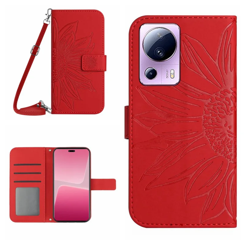 For Xiaomi 13 Lite / Civi 2 5G HT04 Flip Leather Wallet Phone Cover Sunflower Imprinted Stand Anti-drop Phone Case with Strap - Red