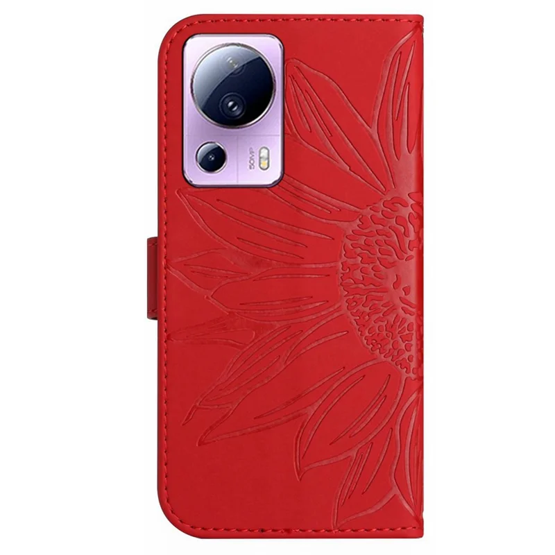 For Xiaomi 13 Lite / Civi 2 5G HT04 Flip Leather Wallet Phone Cover Sunflower Imprinted Stand Anti-drop Phone Case with Strap - Red