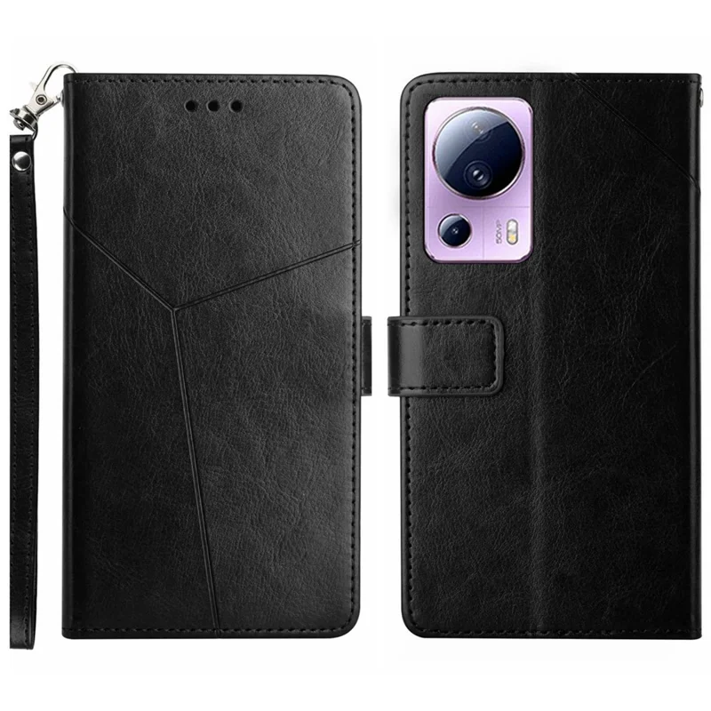 HT01 Dla Xiaomi 13 Lite / Civi 2 5G Etui Na Karte Zamszowe Etui Na Karte Z Wzorem W Linie Y Stojak Na Telefon Przeciwwstrząsowe Etui Z Paskiem - Czarny