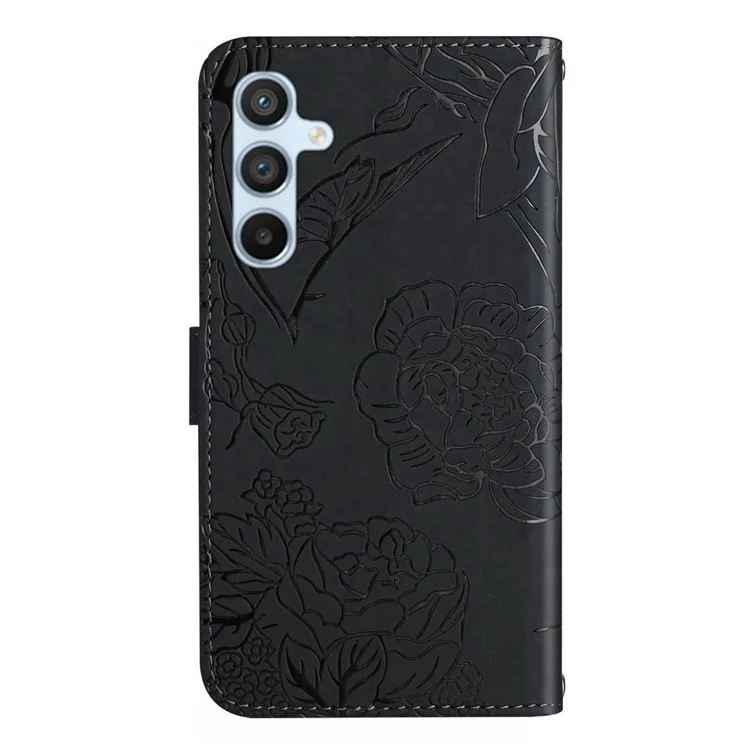 HT03 Anti-fall Phone Case Für Samsung Galaxy A24 4G (162,1 x 77,6 x 8,3 mm) Geprägter Schmetterling Blumen Flip Lederhülle Ständer - Schwarz