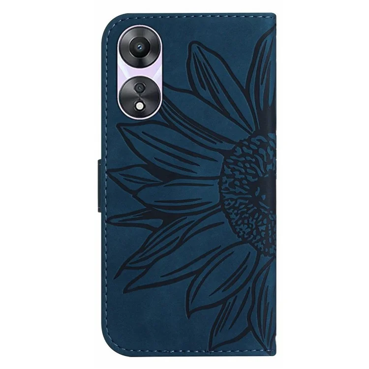 For Oppo Reno8 T 5G / A1 Pro 5G HT04 PU Leather Sunflower Pattern Phone Case Stand Wallet Flip Cover with Shoulder Strap - Dark Blue
