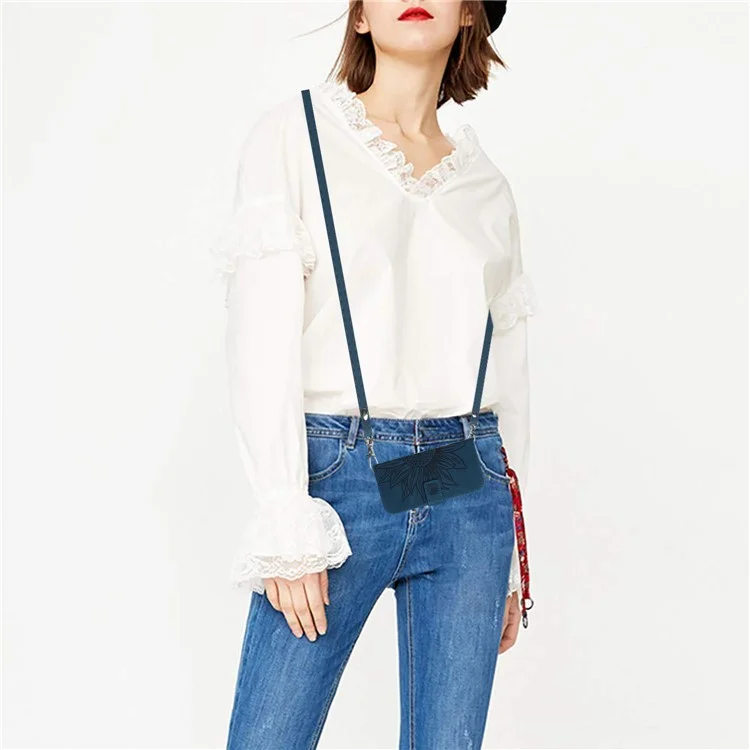 For Oppo Reno8 T 5G / A1 Pro 5G HT04 PU Leather Sunflower Pattern Phone Case Stand Wallet Flip Cover with Shoulder Strap - Dark Blue