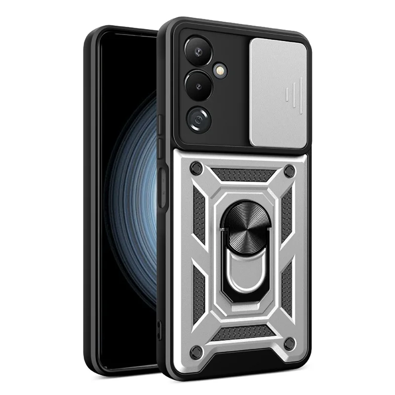 PC + TPU Phone Case for TECNO Pova 4 4G , Anti-Scratch Cell Phone Cover Kickstand with Slide Camera Cover - Silver