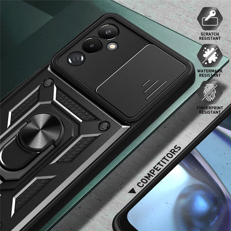 PC + TPU Phone Case for TECNO Pova 4 4G , Anti-Scratch Cell Phone Cover Kickstand with Slide Camera Cover - Silver