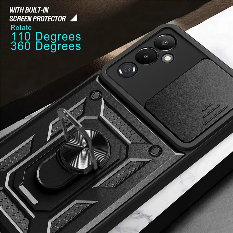 PC + TPU Phone Case for TECNO Pova 4 4G , Anti-Scratch Cell Phone Cover Kickstand with Slide Camera Cover - Silver