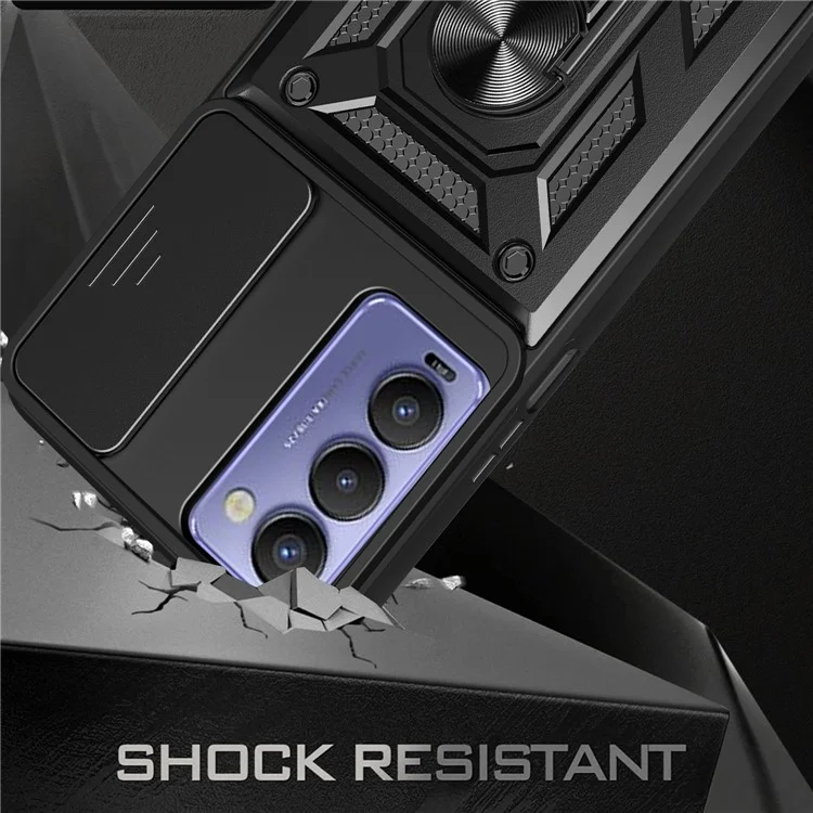 Capa Protetora de Telefone para TECNO Camon 18 / 18 P Capa de Telefone Anti-Queda com Suporte Dobrável e Tampa Deslizante para Lente da Câmera - Preto