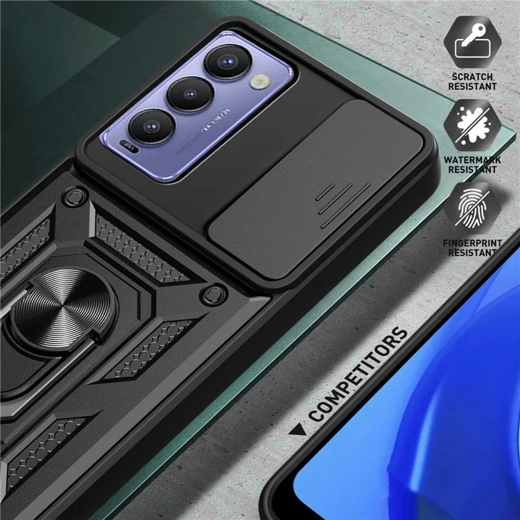 Capa Protetora de Telefone para TECNO Camon 18 / 18 P Capa de Telefone Anti-Queda com Suporte Dobrável e Tampa Deslizante para Lente da Câmera - Preto
