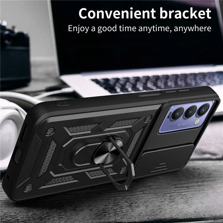 Capa Protetora de Telefone para TECNO Camon 18 / 18 P Capa de Telefone Anti-Queda com Suporte Dobrável e Tampa Deslizante para Lente da Câmera - Preto