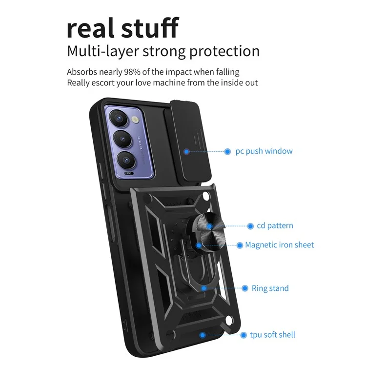 Capa Protetora de Telefone para TECNO Camon 18 / 18 P Capa de Telefone Anti-Queda com Suporte Dobrável e Tampa Deslizante para Lente da Câmera - Preto