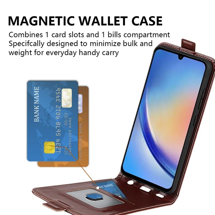 Vertical Flip Cover for Samsung Galaxy A34 5G , Crazy Horse Texture Leather Case with Card Slot - Brown