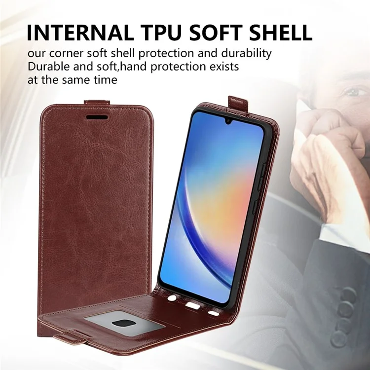 Vertical Flip Cover for Samsung Galaxy A34 5G , Crazy Horse Texture Leather Case with Card Slot - Brown